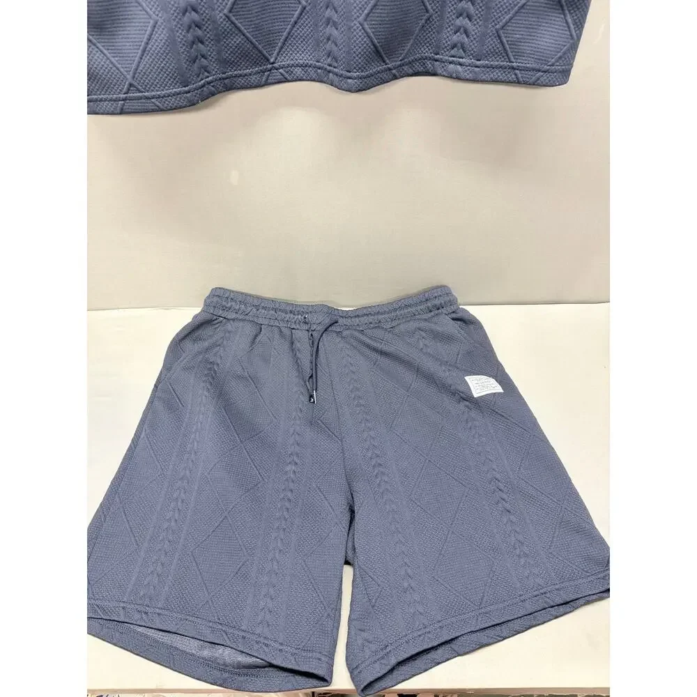 Mens Textured Knit 2 Piece Short Set Slate Blue Streetwear Lounge Suit Size L